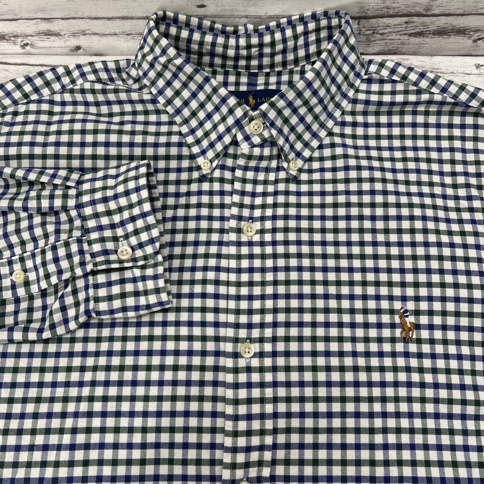 Ralph Lauren Oxford Shirt Men Xl White Blue Green Gingham Check Flesh Pony Ls